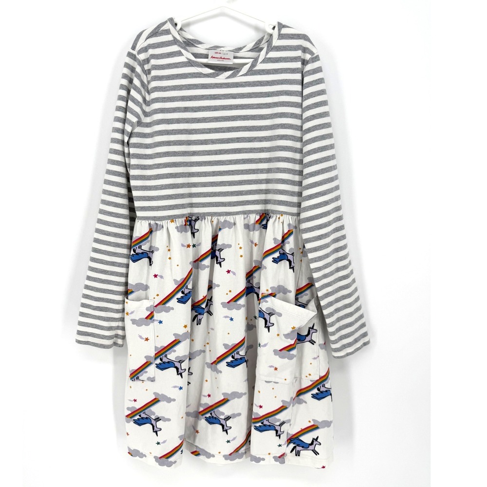 Hanna Andersson Dress Unicorn Rainbow Striped Pockets Size 12 Grey White